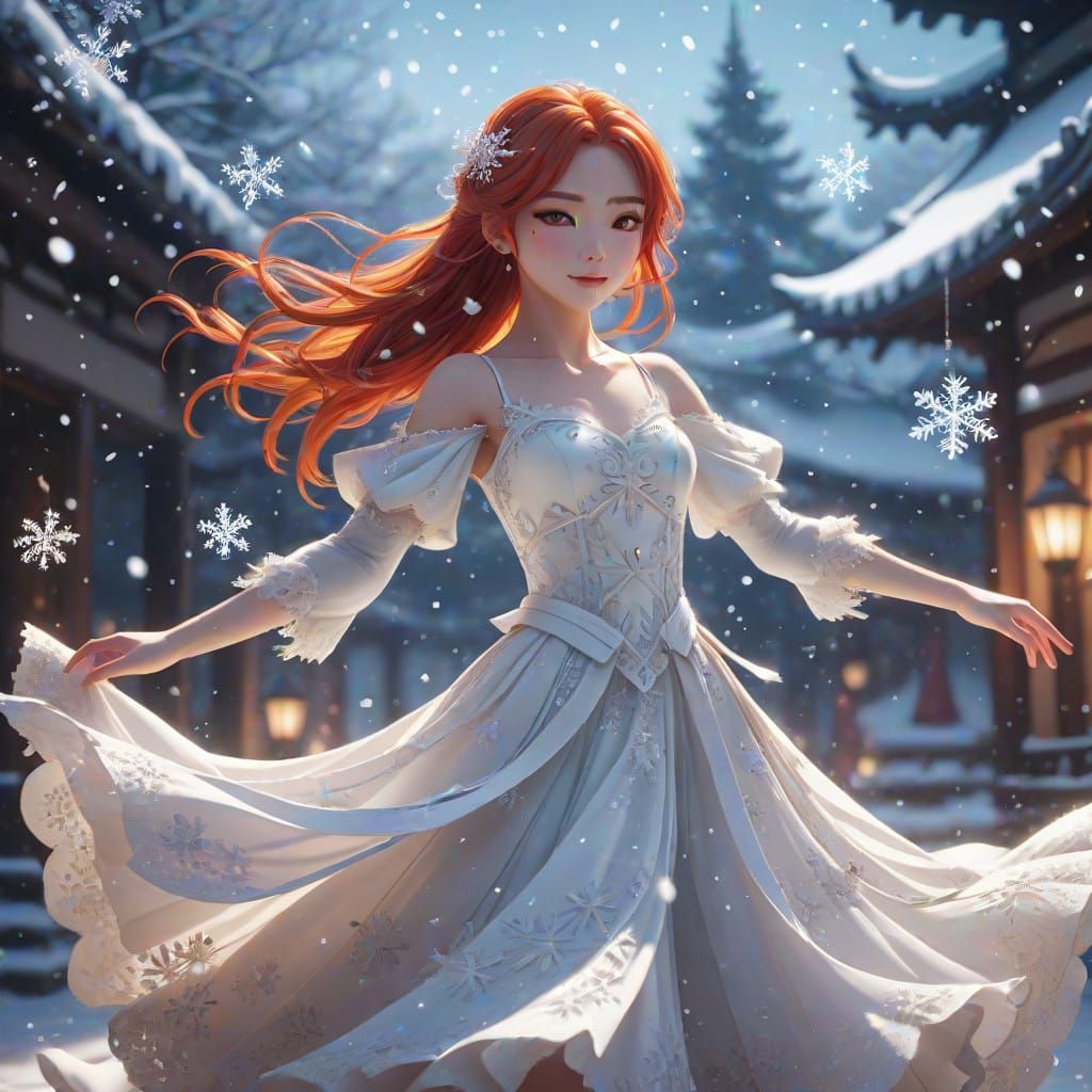 Girl Dancing in Whimsical Snowflake Blizzard