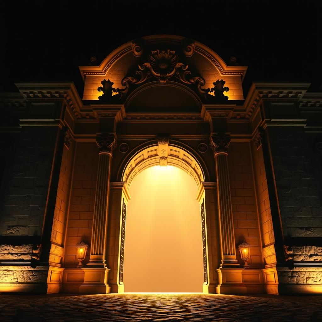 Ornate Stone Gateway Between Light and Darkness