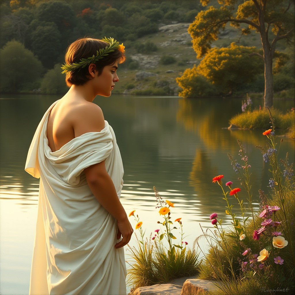 Narcissus Gazing at Reflection in Lake, Neoclassical Style