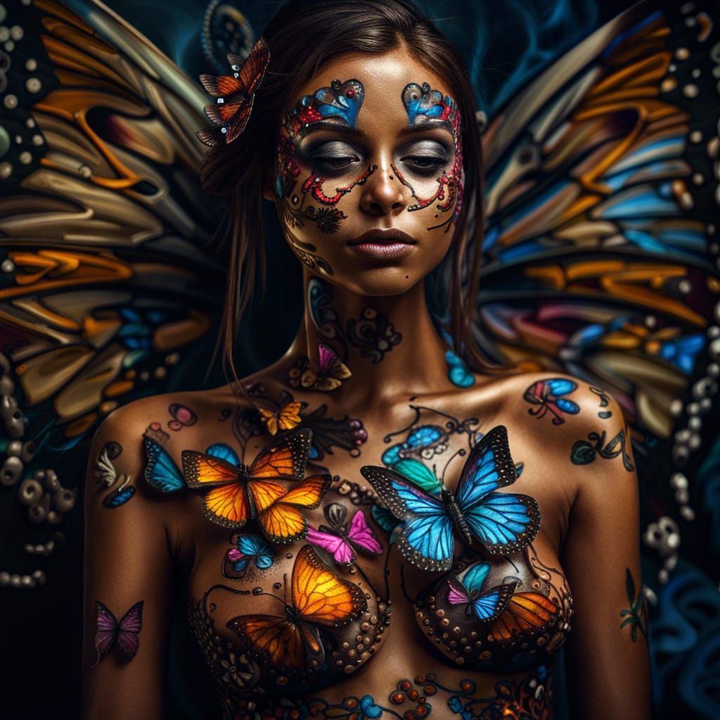 Butterfly Body Art: Hyperrealistic Psychedelic Portrait