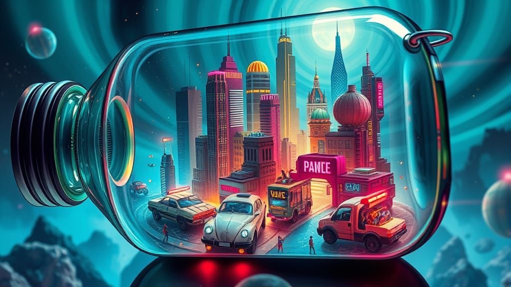 Neon Metropolis Inside Glass Bottle: Comic Book Art