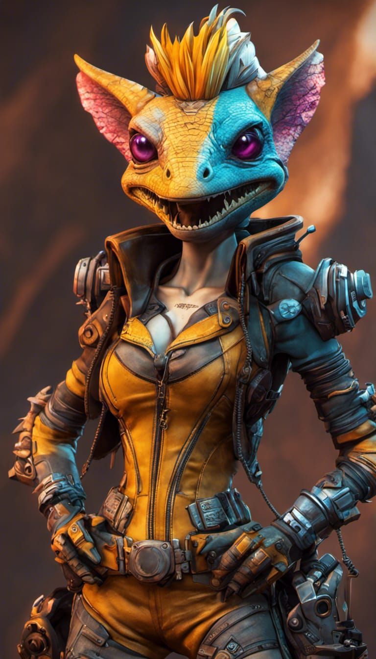 Borderlands punk style 3d art of the Anthropomorphic lizard devil the style of BL2 by bounty hunter by borderlands by Pe...