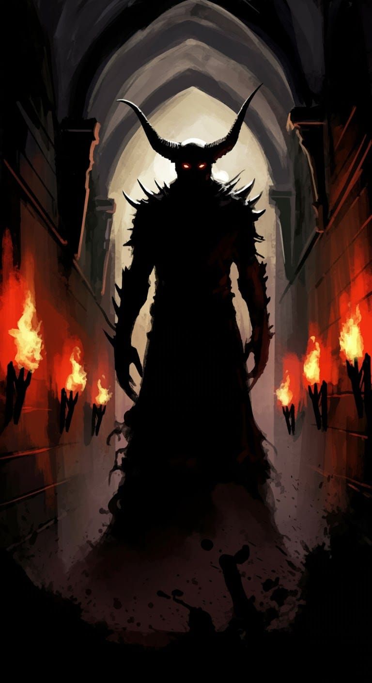 Ominous Horned Figure in Dark Fantasy Hallway
