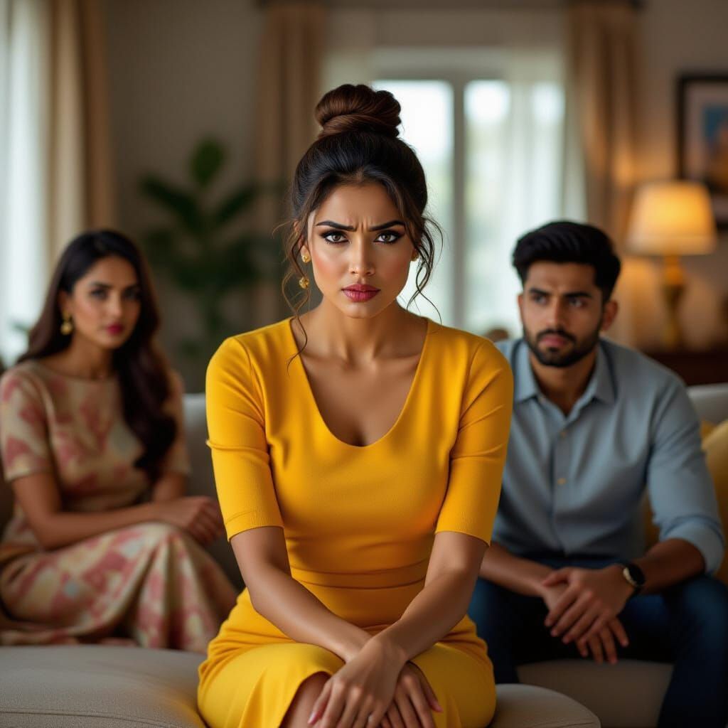 Attractive Indian Woman in Yellow Addressing Nephew