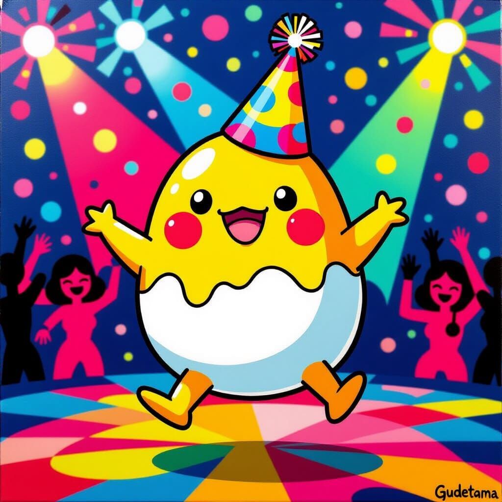 Gudetama's Rave Dance on Egg White, Acrylic on Canvas