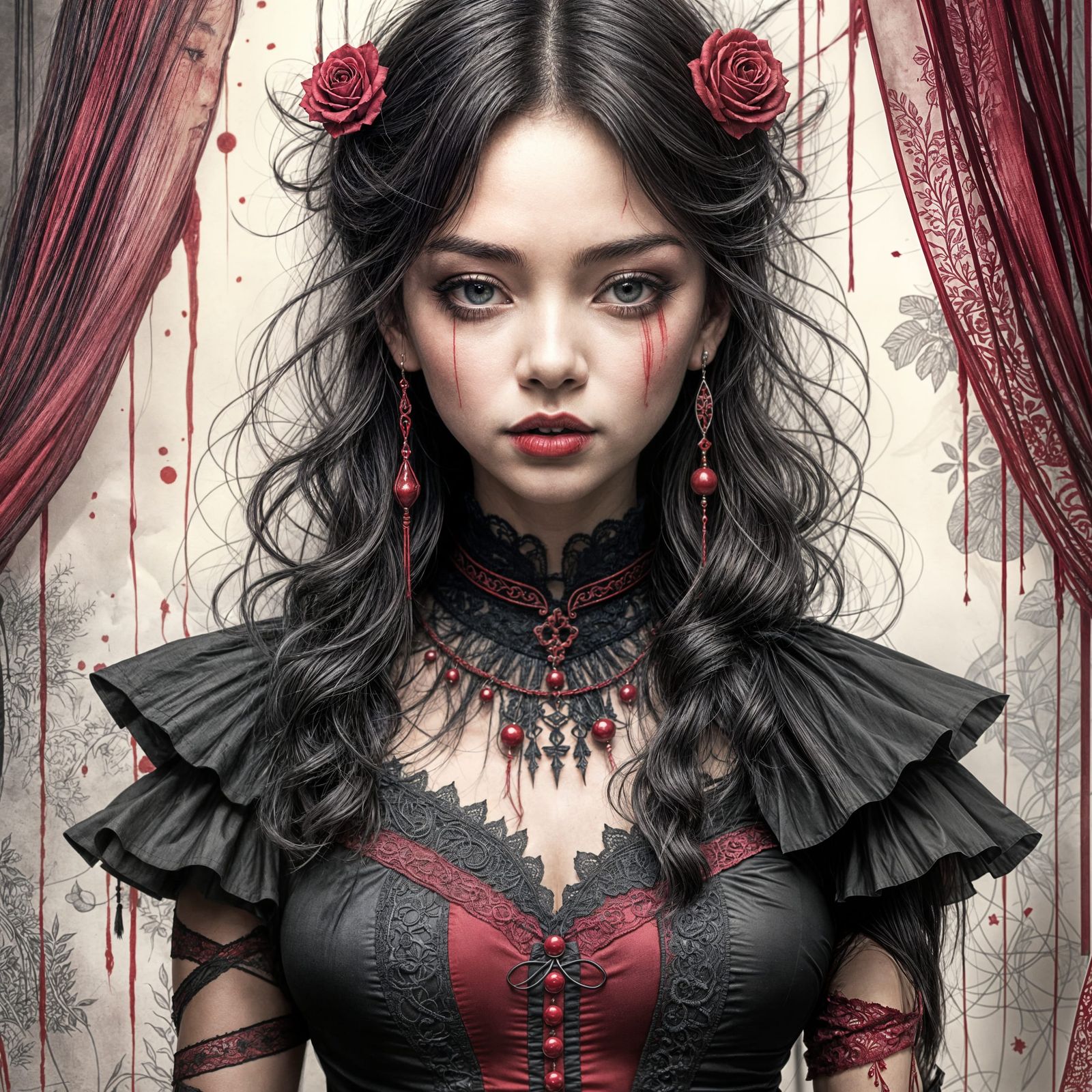 Vietnamese Girl in Gothic Attire with Red Ink Art
