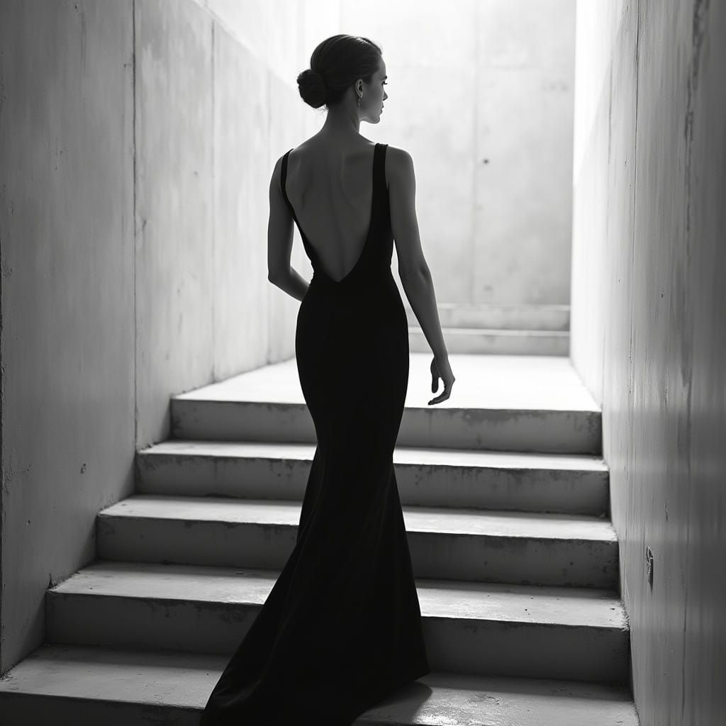 Woman Ascends Staircase in Elegant Black and White Photograp...
