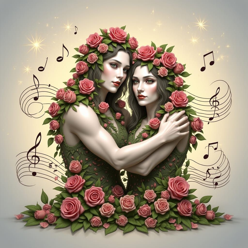 Figures Entwined with Roses and Music in Surreal Style