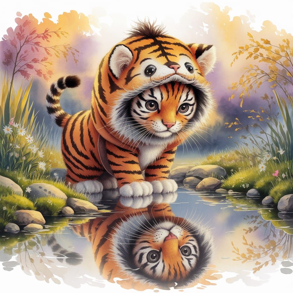 Feline Tiger Costume Gazes at Pond Reflection in Watercolor