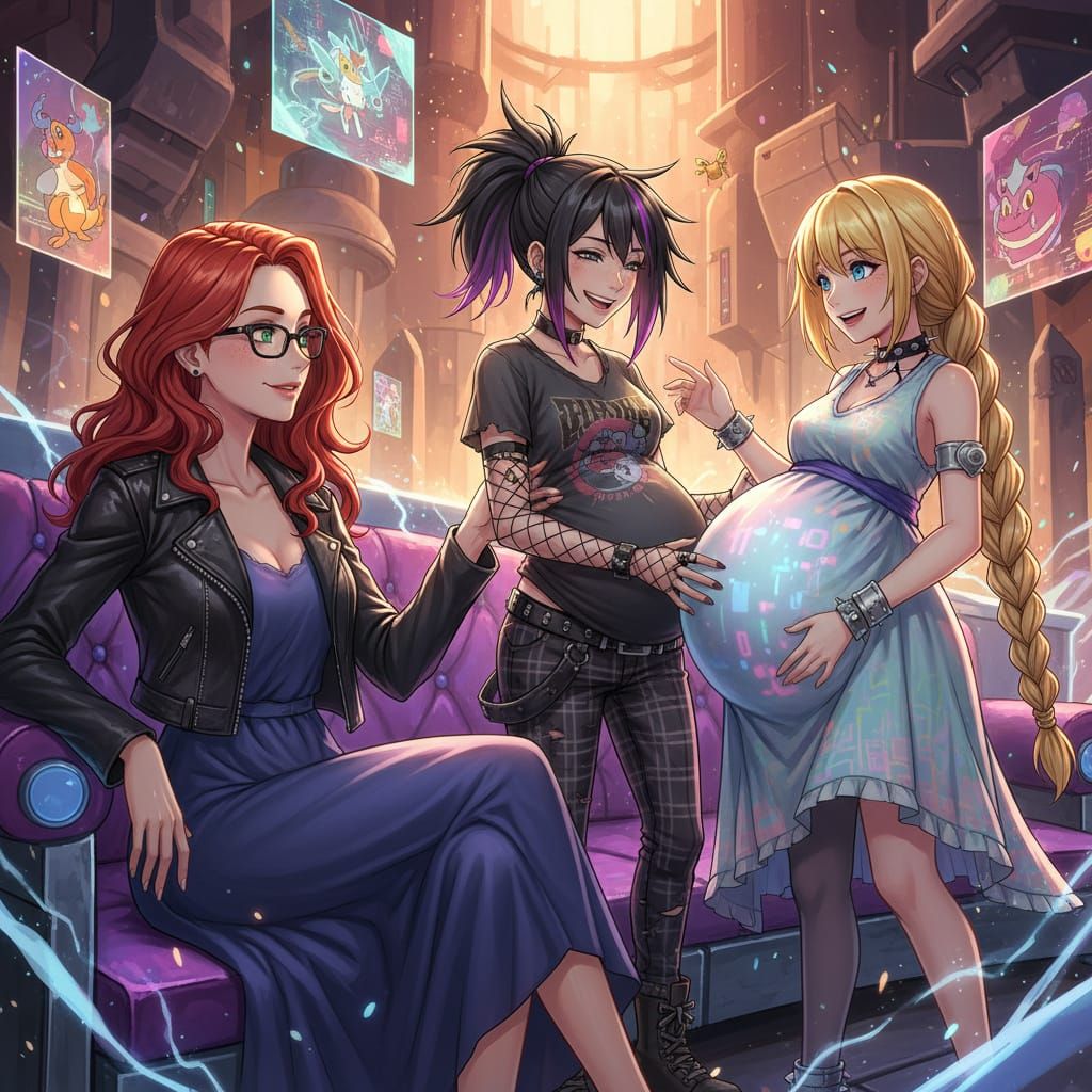 Anime Style Scene: Family Gathering with Pregnant Wives
