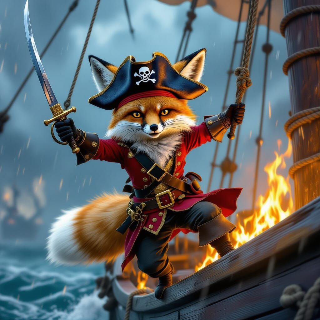 Fierce Fox Pirate Swings Above Burning Ship