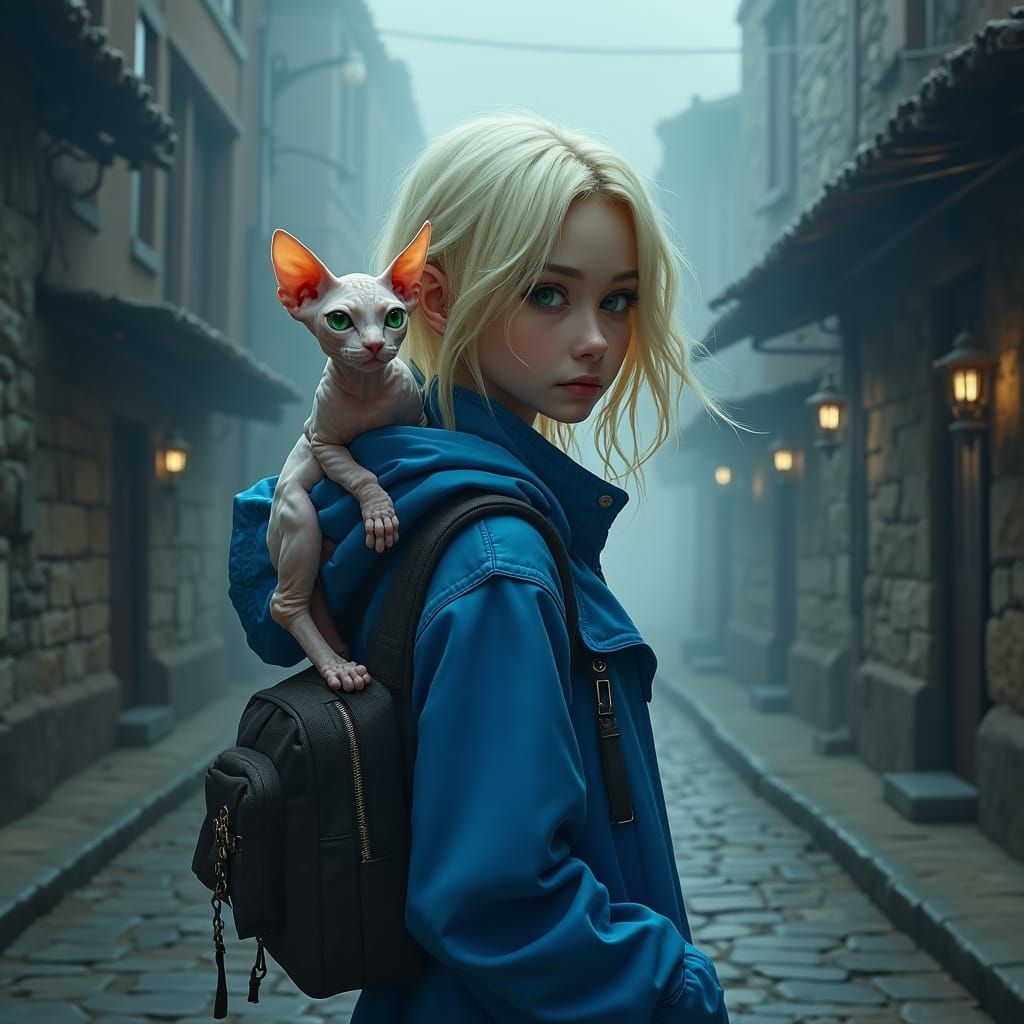 Gamer Girl and Cat in Gloomy Medieval Street