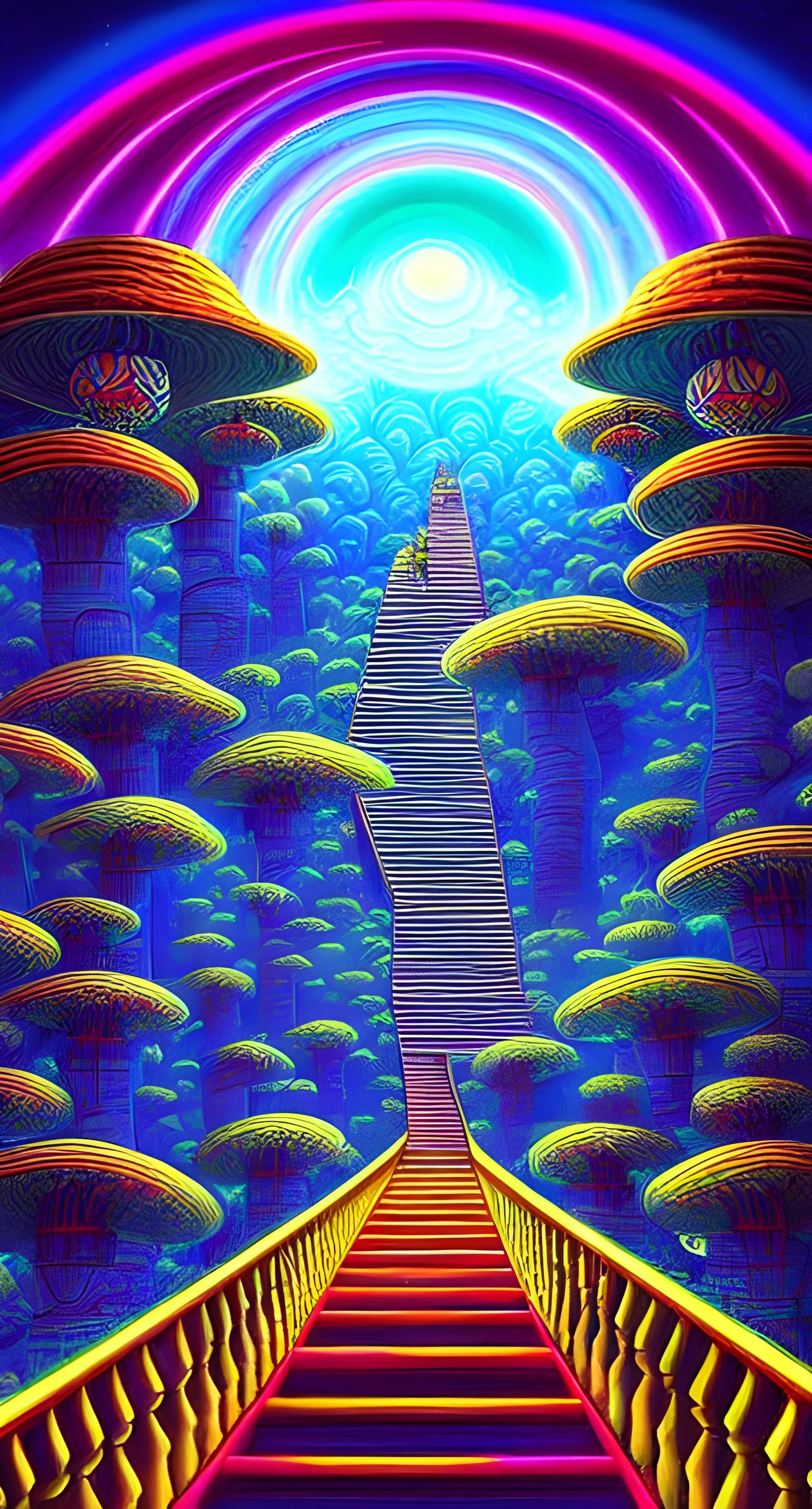 Psychedelic Panda Pagoda Staircase in Synthwave Style