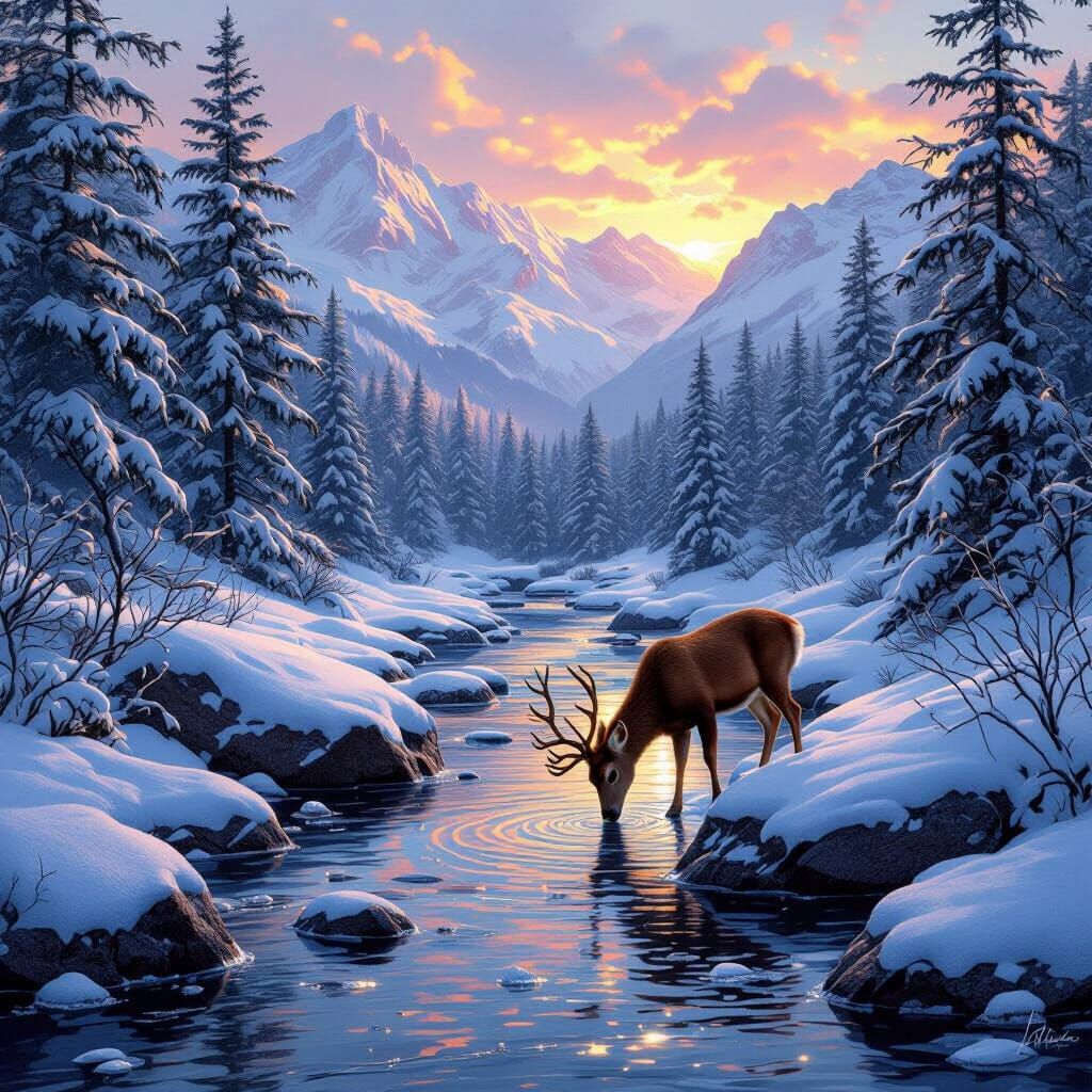 Winter Mountain Stream with Deer at Sunset, Painterly Style