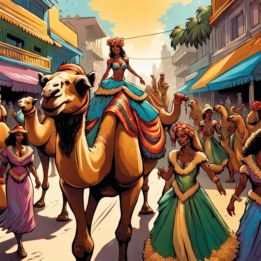 brazilian carnival parade with many decorated camels, women dancing samba, Mark Brooks and Dan Mumford, comic book art, ...