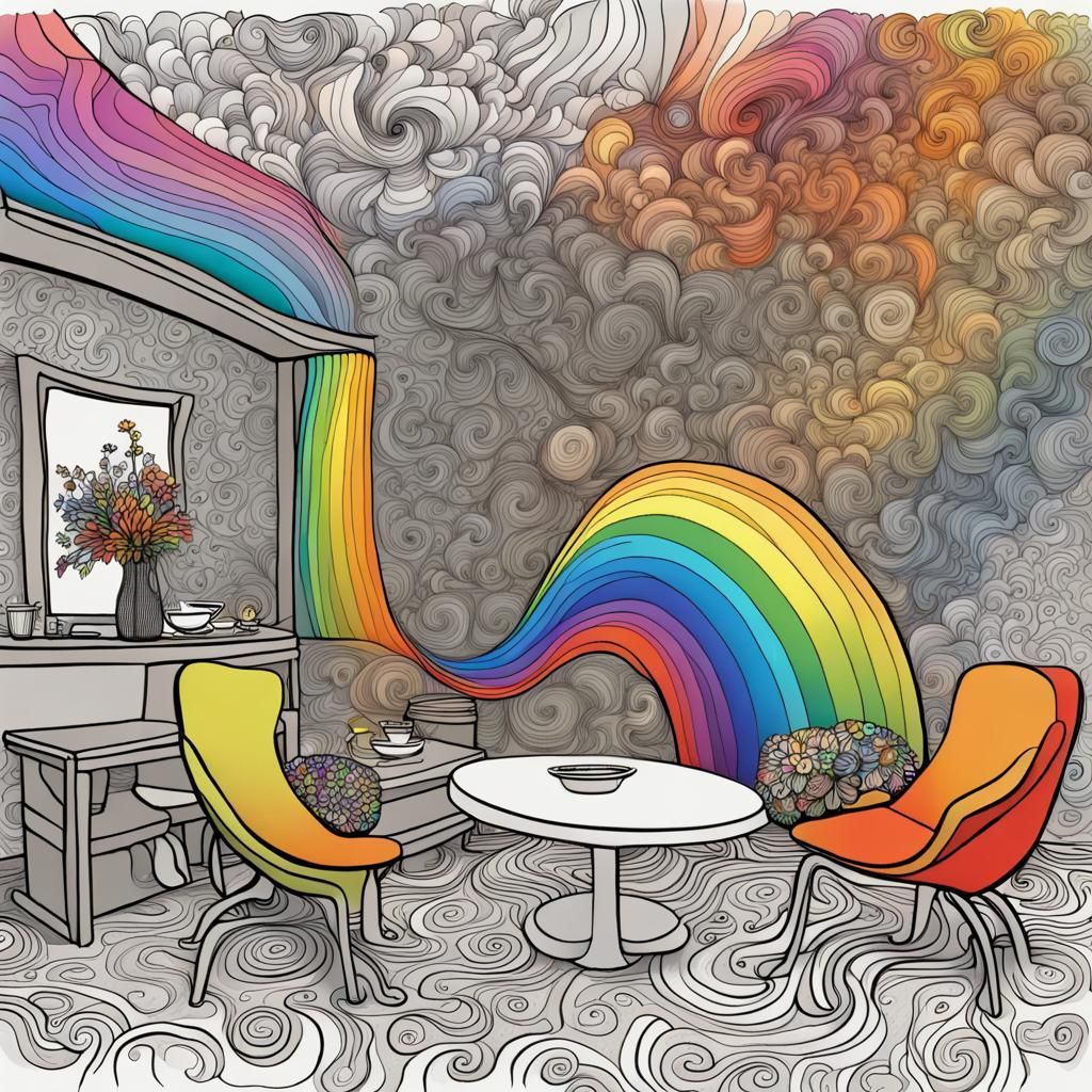 Whimsical Rainbow Living Room in Black Ink