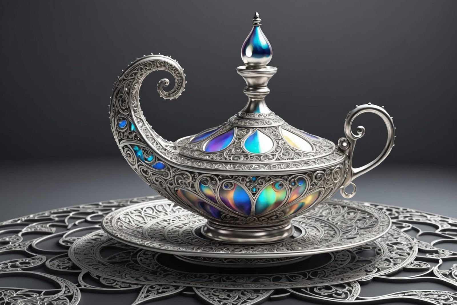 Opalescent Silver Aladdin Lamp with Fractal Design