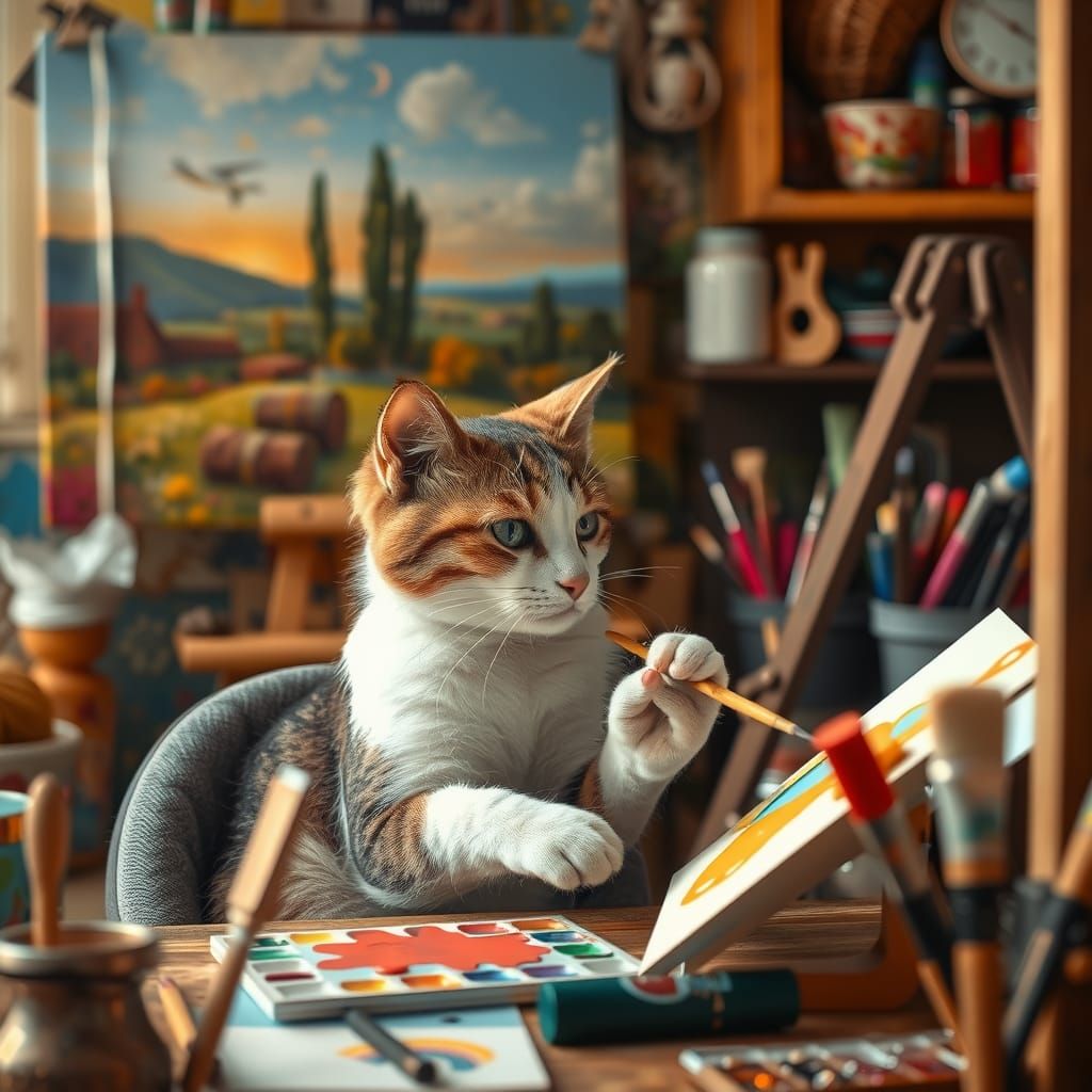 Cat Artist Painting in Cozy Art Studio