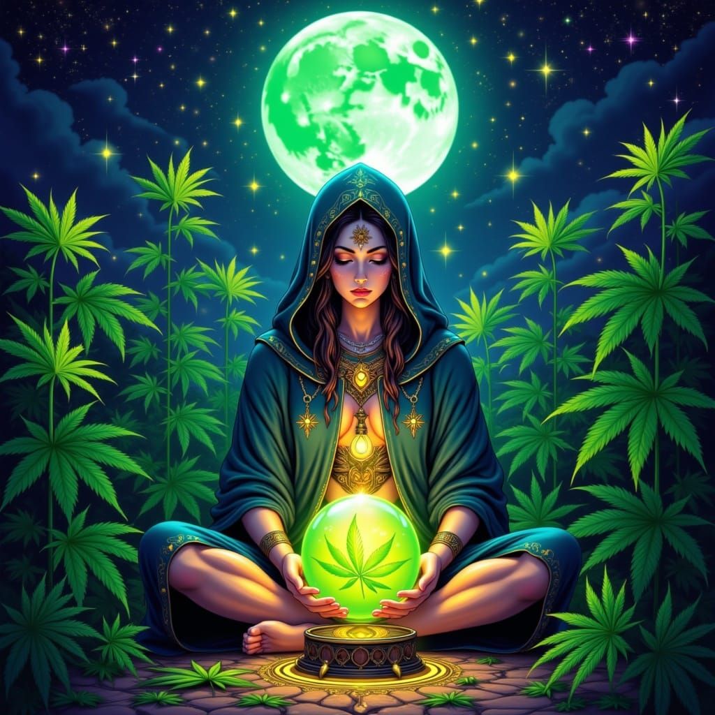 Mystical Cannabis Fortuneteller in Emerald Forest