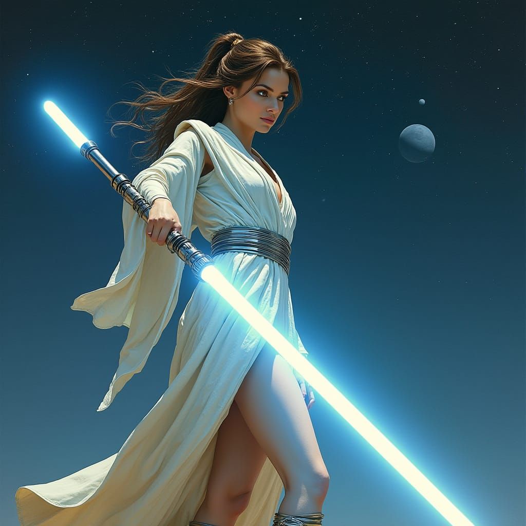 Sleek Jedi Warrior Ignites Shining Lightsaber Under Starry N...