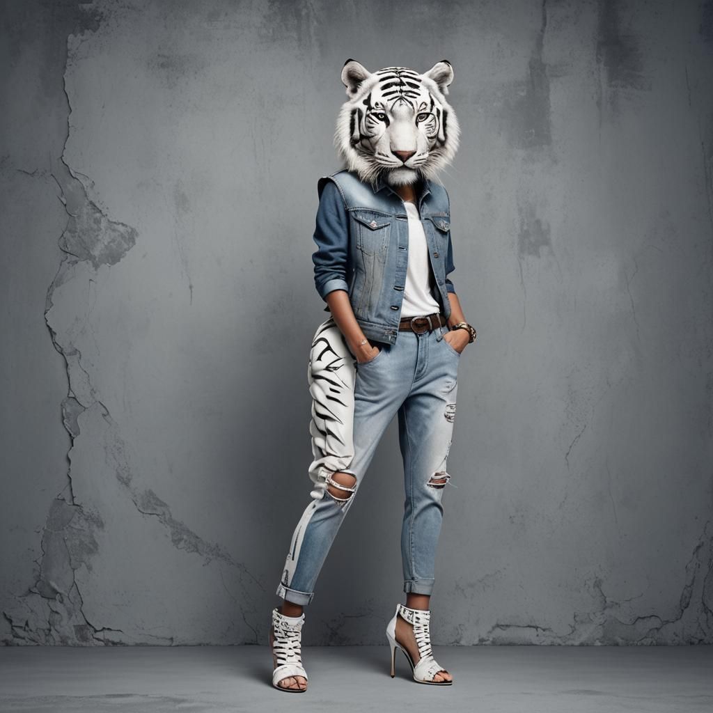 Anthropomorphic White Tiger in Street Fashion: 3D Render