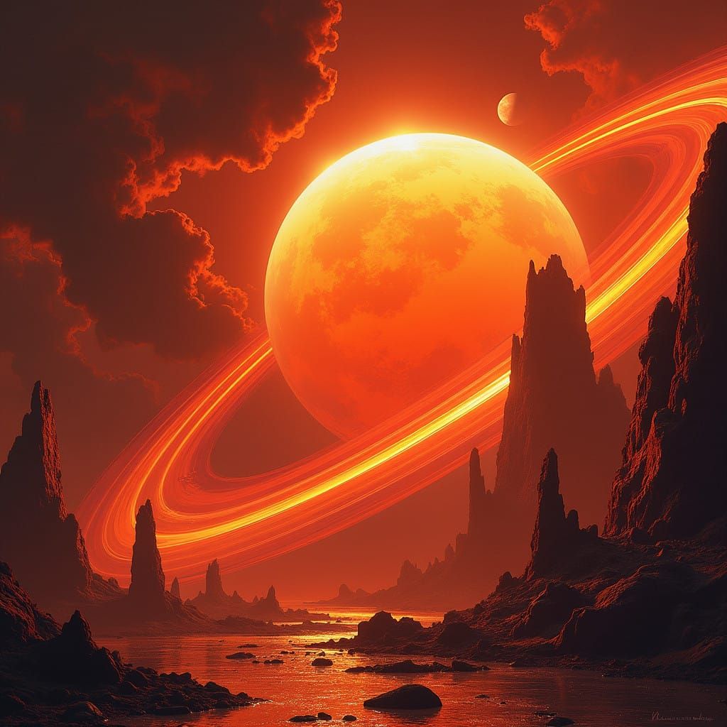 Fiery Planet with Crystal Prism Rings in Vibrant Colors