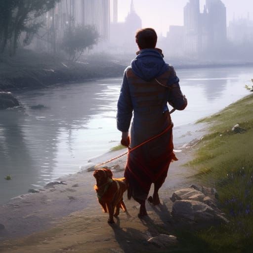 River Dog Walk: Hyperdetailed Art Nouveau