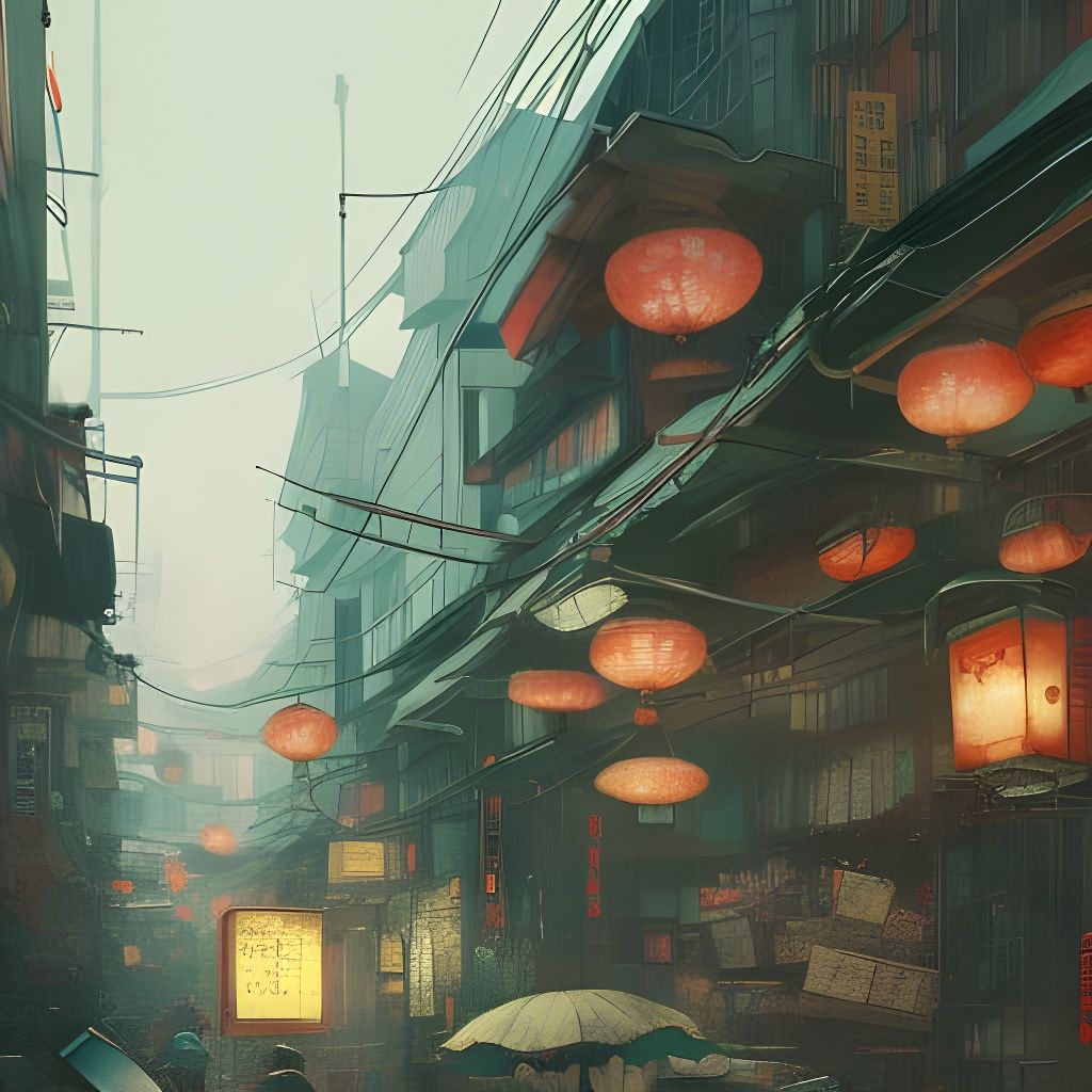 Bustling Asian Street Scene in Cel-Shaded Style