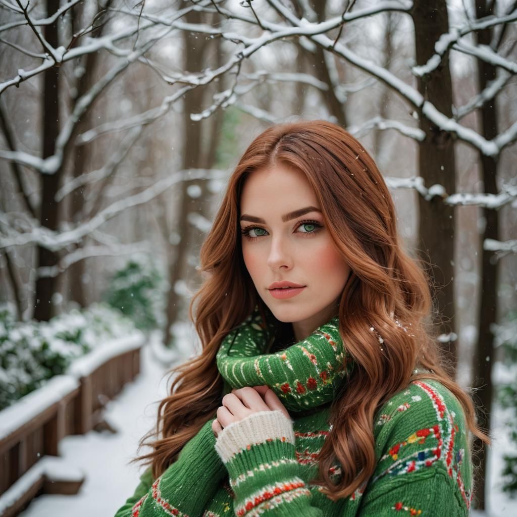 Young Woman with Auburn Hair in Winter Snow