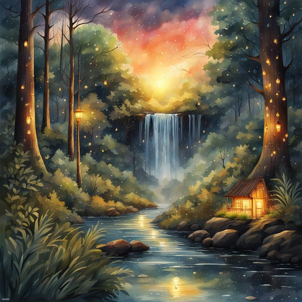 Watercolor Forest Landscape with Waterfalls at Sunset