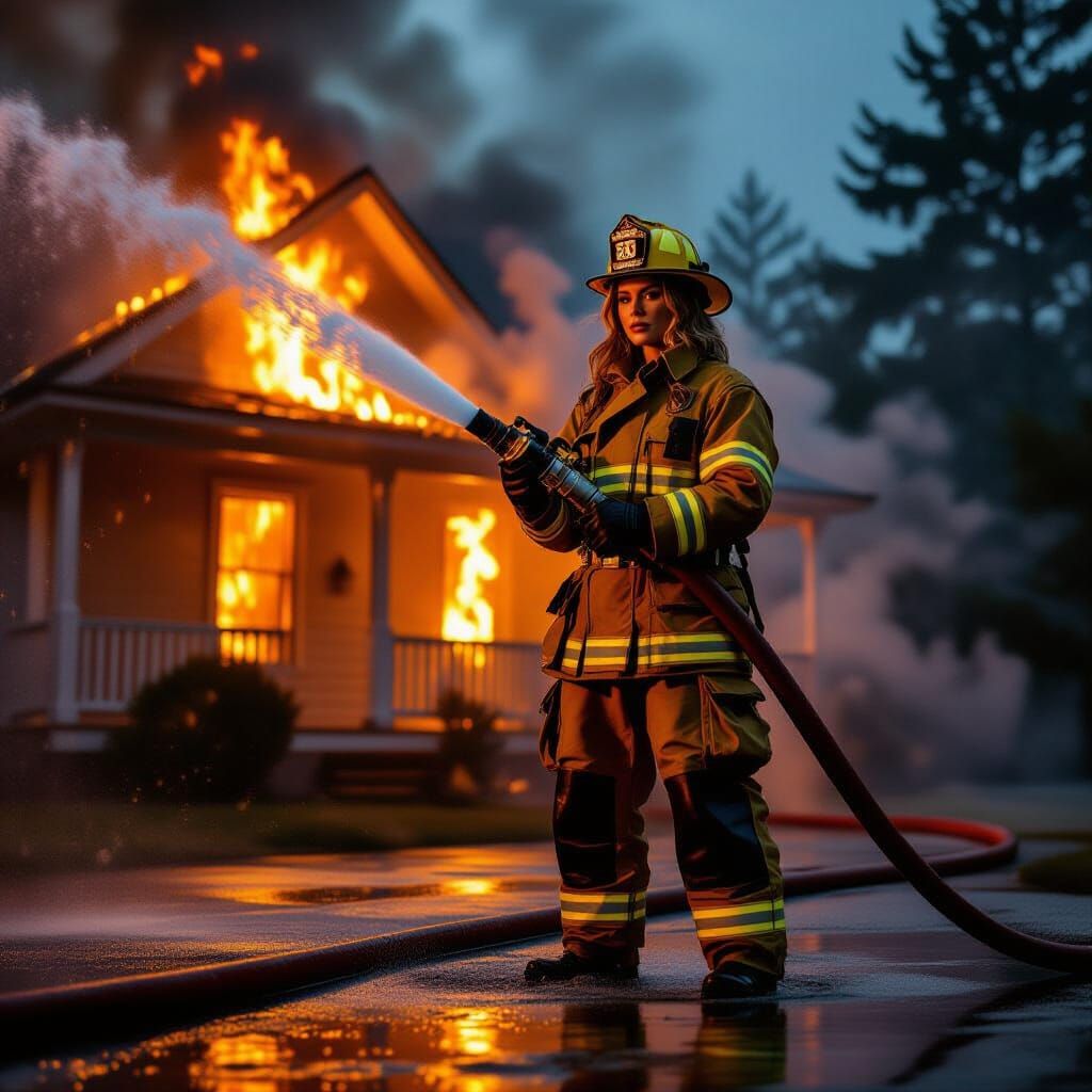 Firefighter Woman Heroically Holds Water Hose Amidst Flames