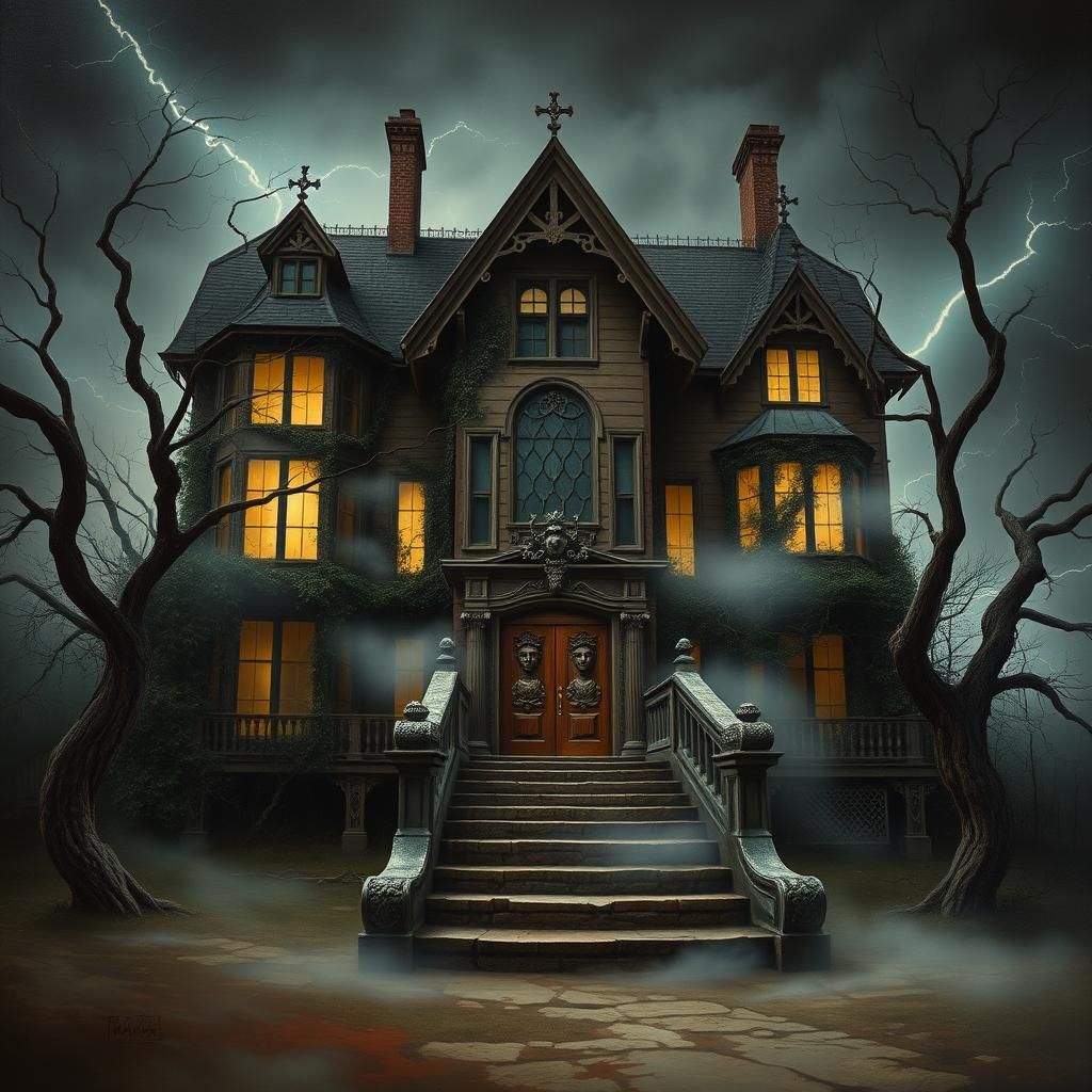 Eerie Victorian Mansion with Ominous Light