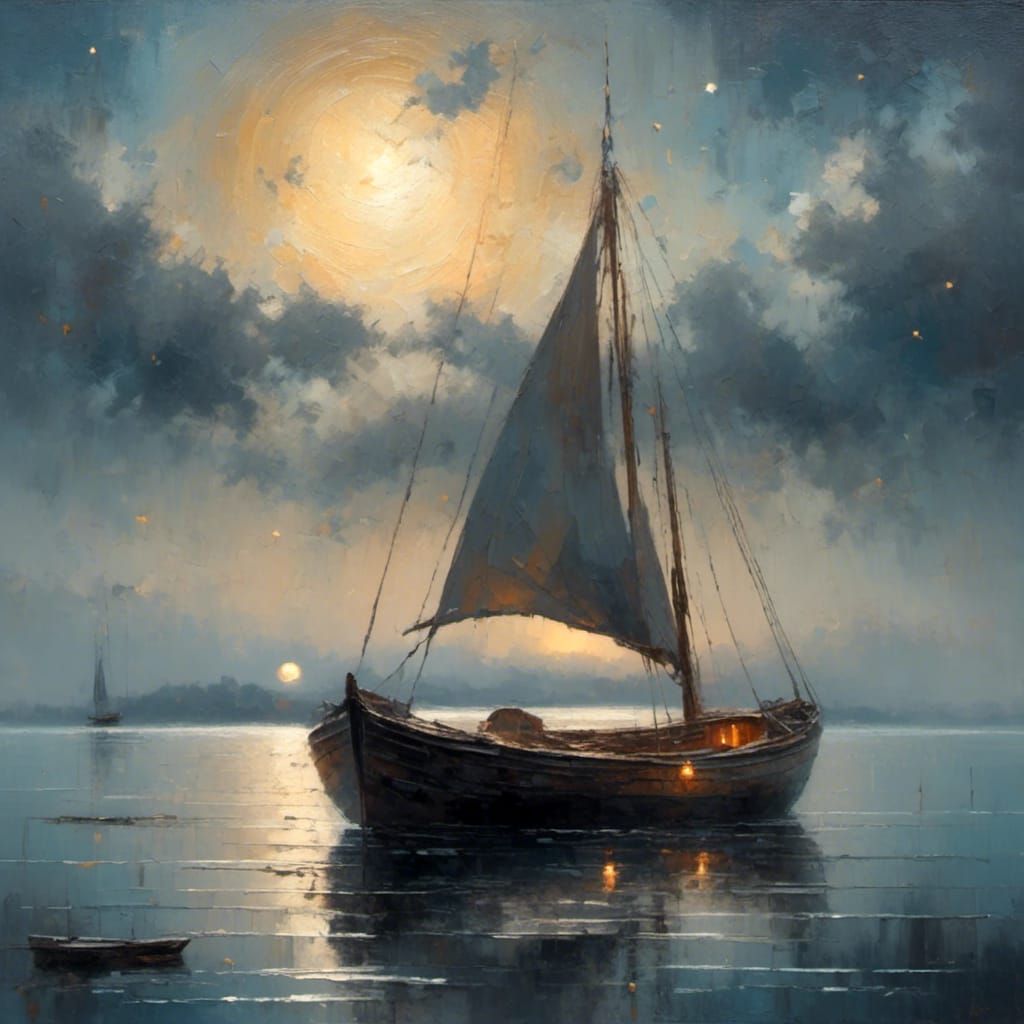 Silver Moon Boat Sails Starry Sea: Oil Painting