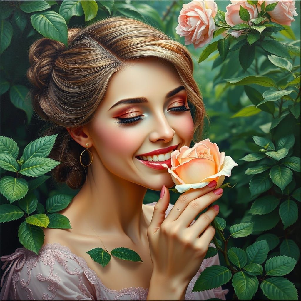 Woman Smelling Rose in Garden in Fantastical Realism Style