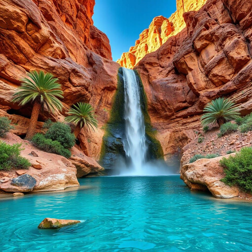 Desert Oasis Waterfall Cascading Down Red Cliffs