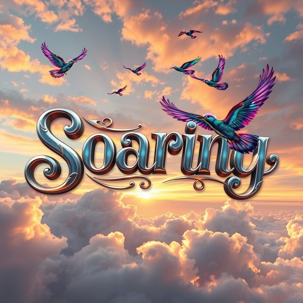Majestic Word Soaring Amidst Iridescent Birds in a Futuristi...
