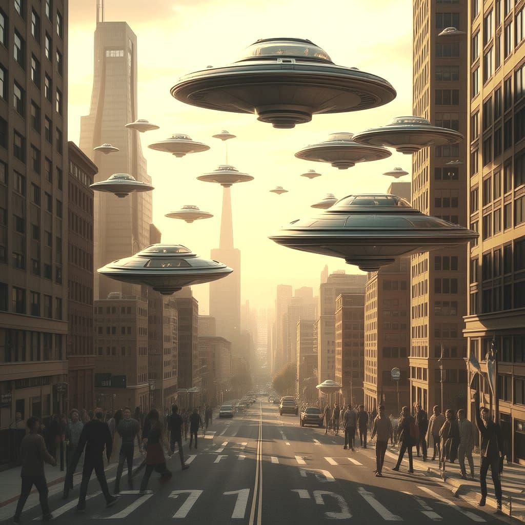UFOs and Aliens Over Cityscape