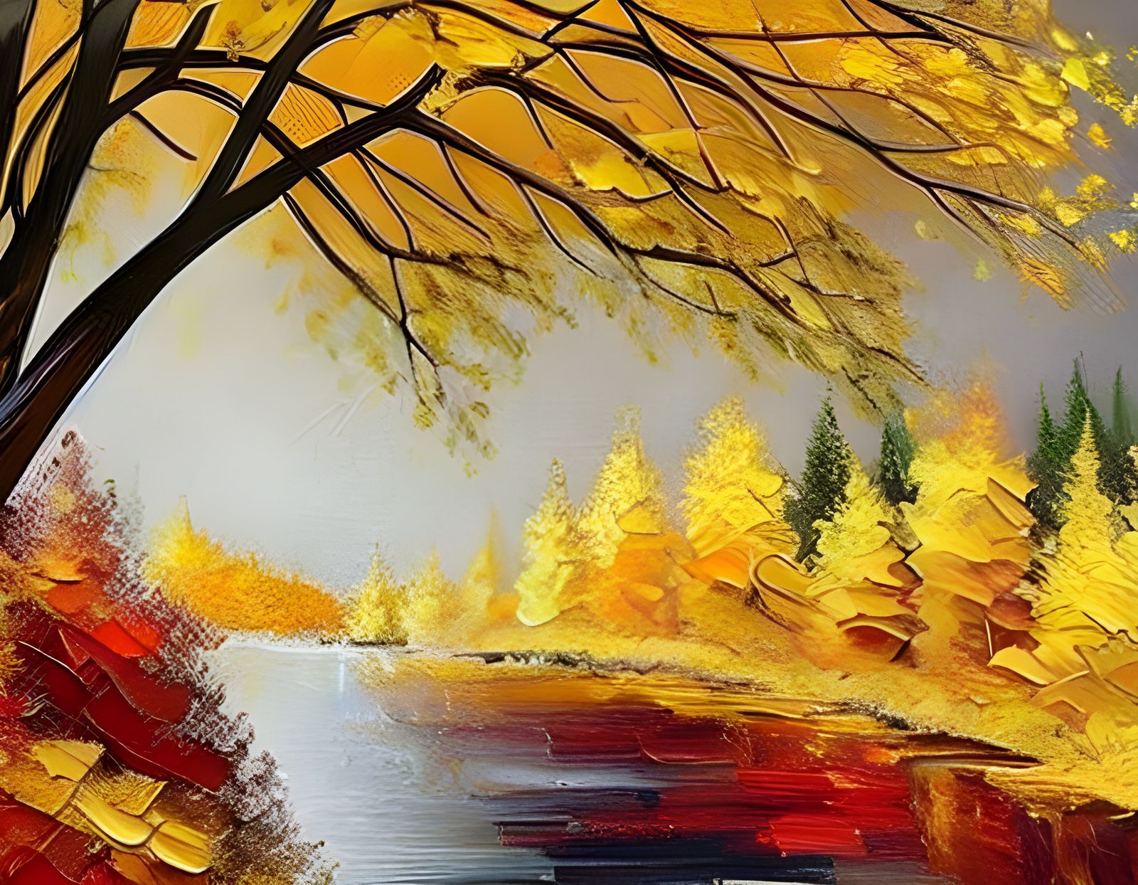 Vibrant Trees Along a Serene River in Oil Painting Style