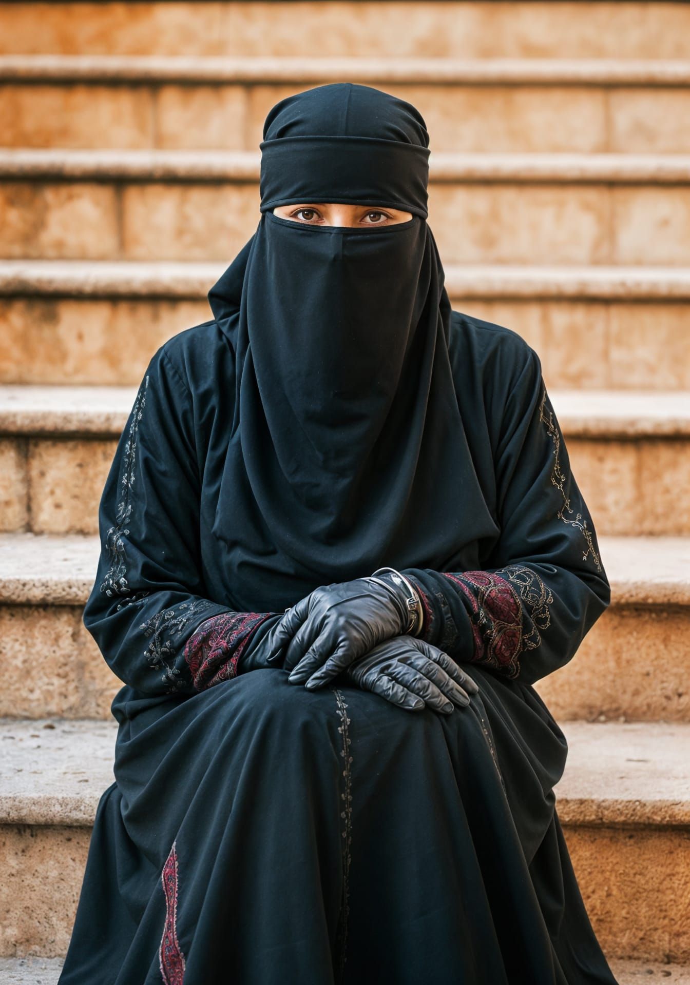 Elderly Niqabi Woman on Mediterranean Stairs