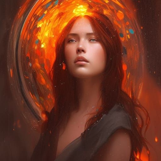 Ember Princess in Burning Forest: Digital Oil Painting