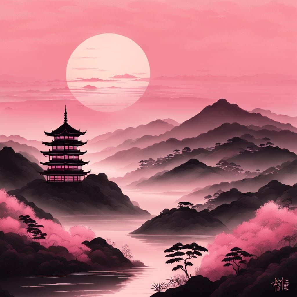 Pink Bamboo Hills Sunset Pagoda Japanese Ink Painting