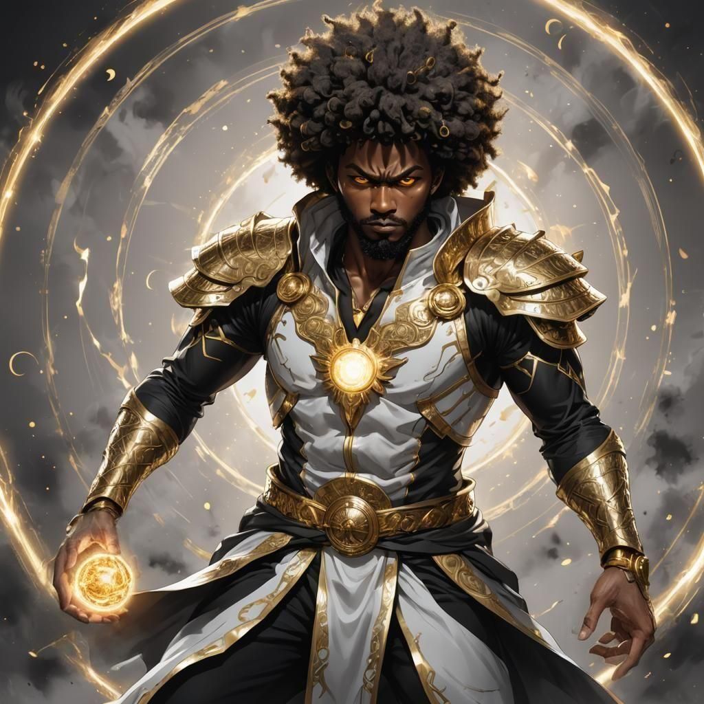 Badass Magic Warrior with Afro in Manga Style