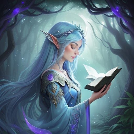 Ethereal Moon Elf in Whimsical Fantasy Landscape