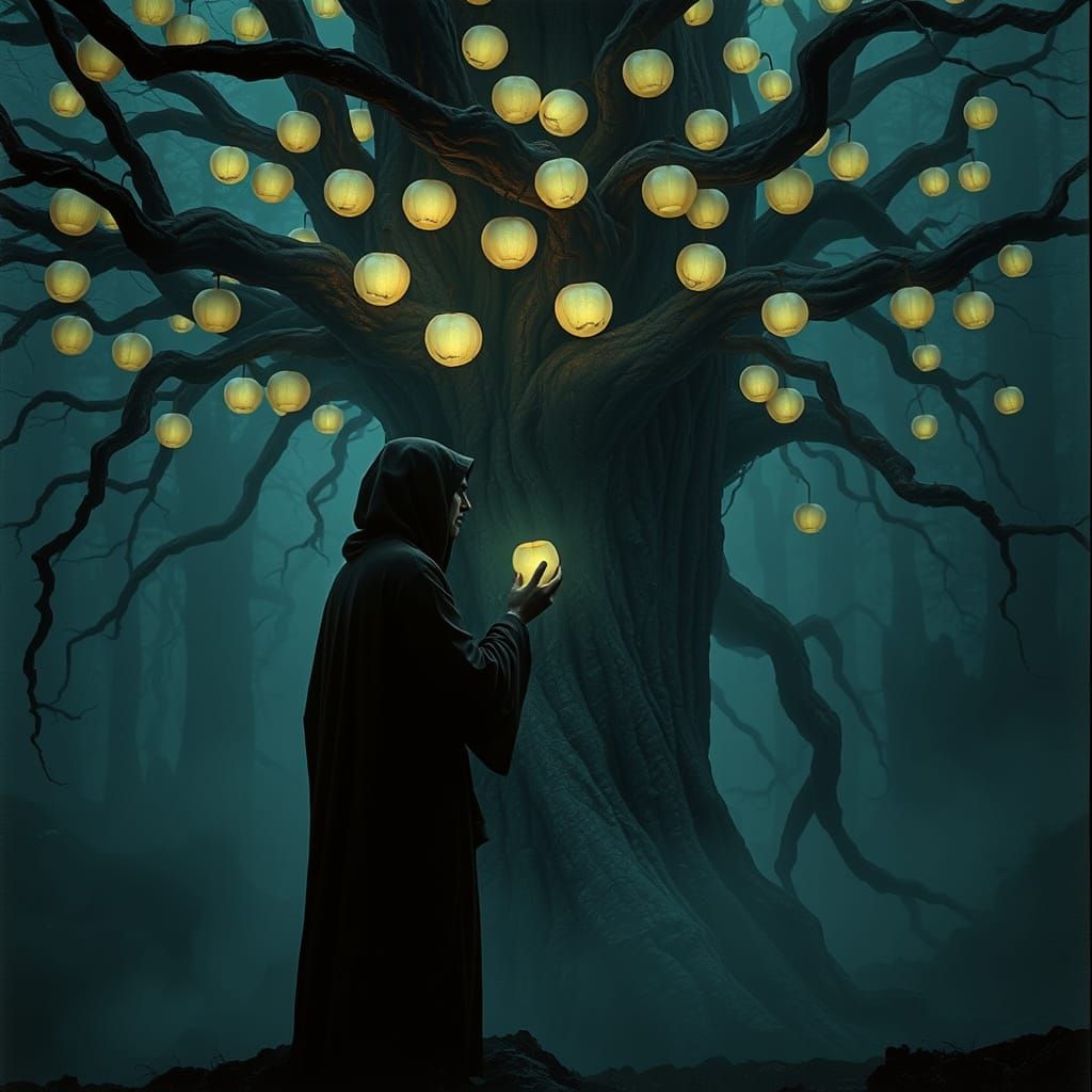 Ethereal Figure Before Glowing Tree