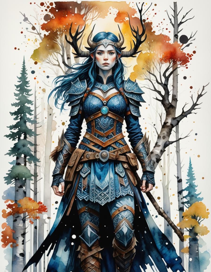 Elegant Norse Giantess Silhouette Amidst Ornate Birch Trees