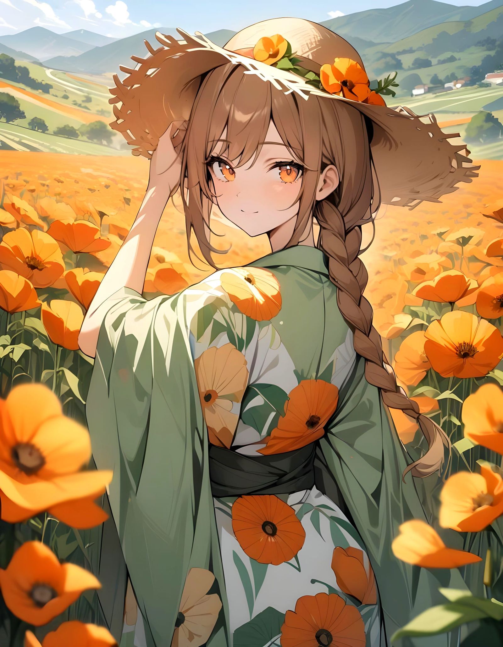 Cowgirl Standing in Orange Poppy Field