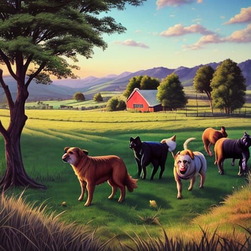 Dogs Running on Farm in Golden Sunlight - Oil Painting Style