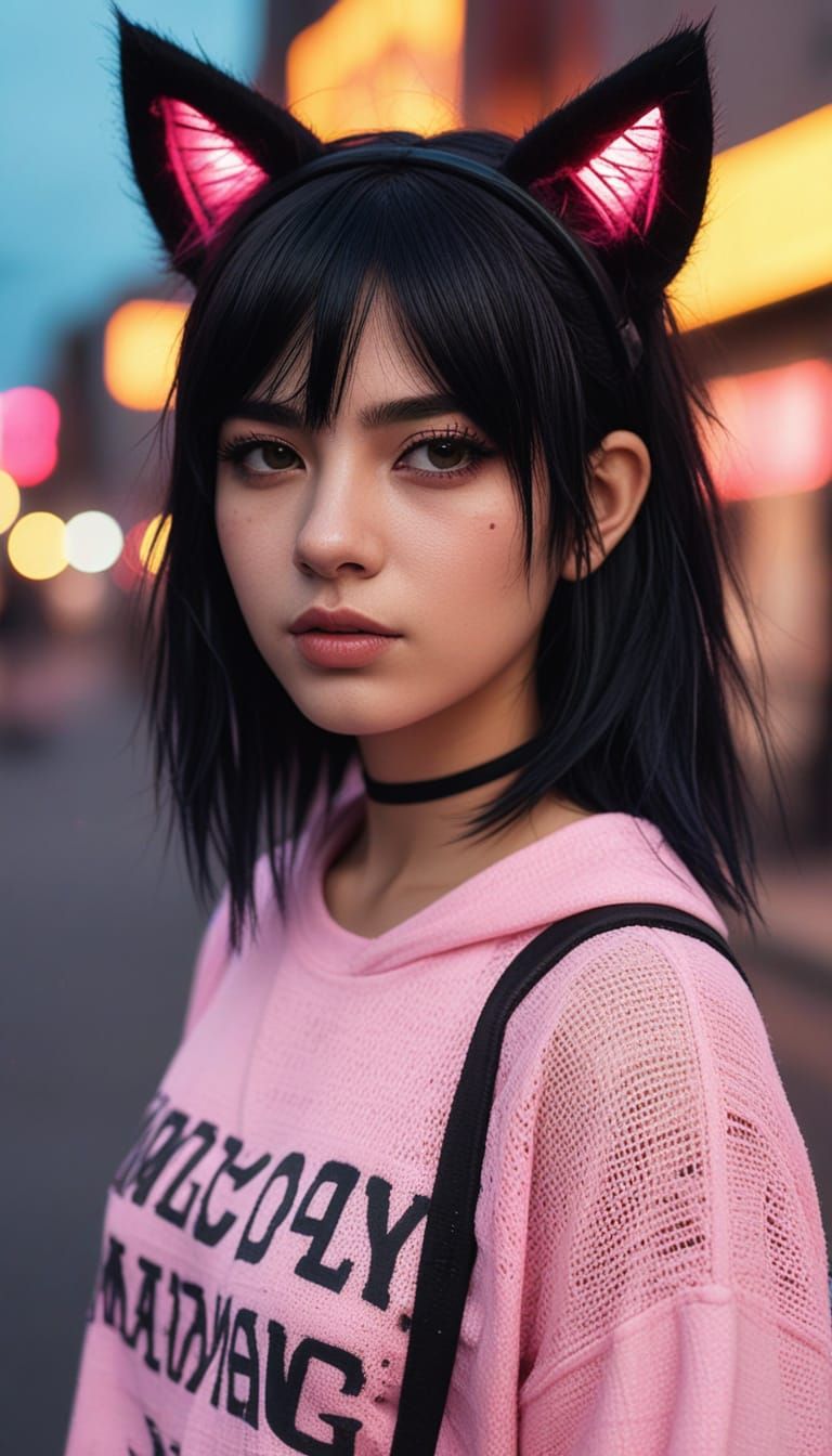 Mexican Emo Girl with Cat Ears in City Street