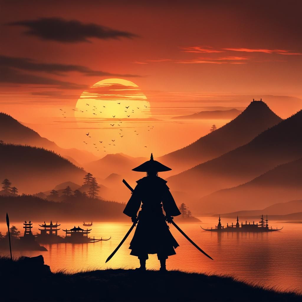 Samurai Silhouette Sunset: Epic Digital Matte Painting