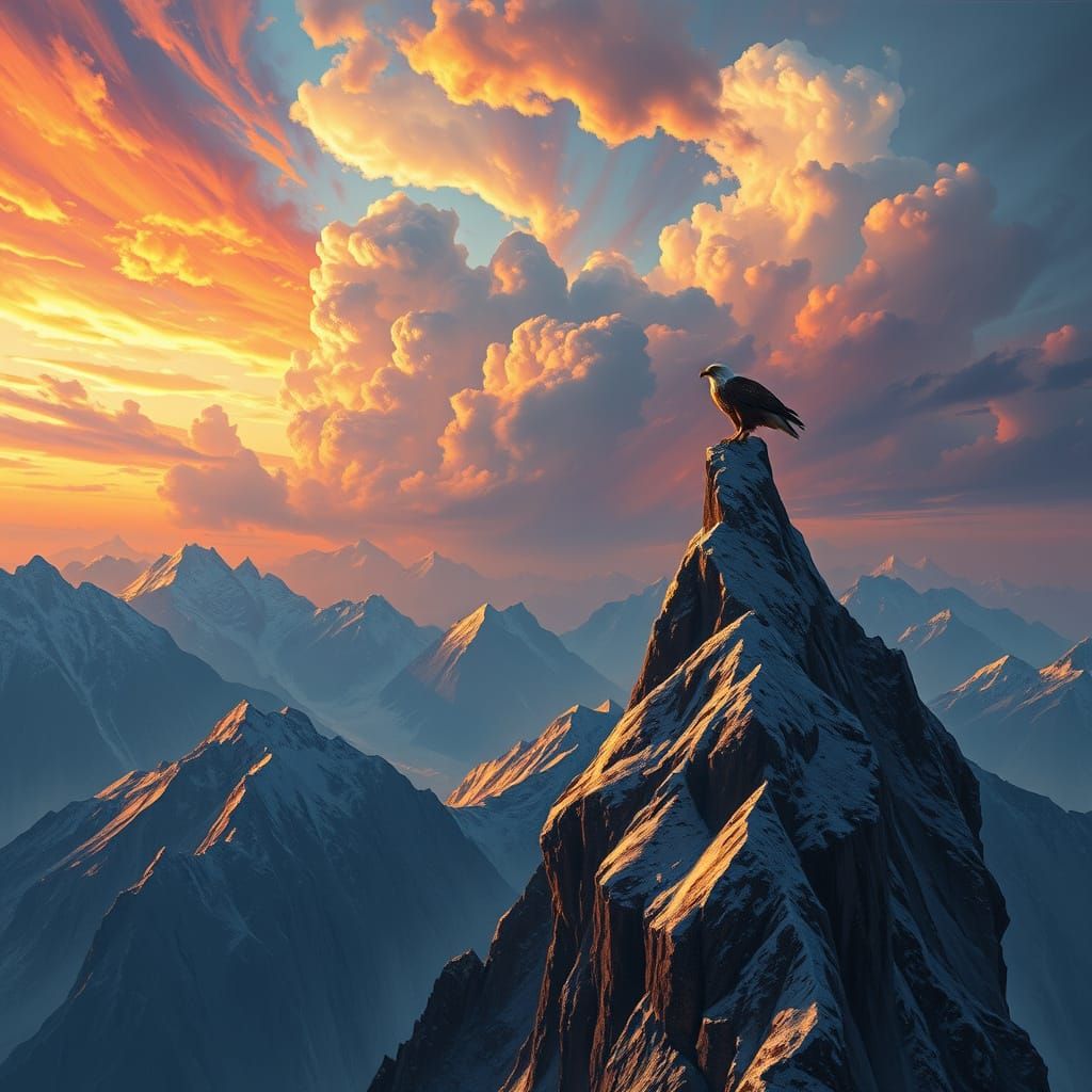 Lone Eagle Surveys Epic Mountain Landscape in Fantasy Art St...